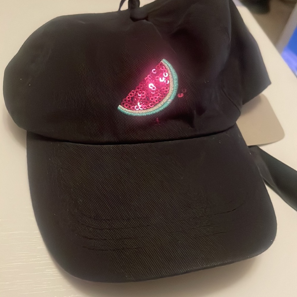 Watermelon sequin black hat with ponytail bow adjustable new